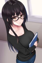Rule 34 | 1girl, black-framed eyewear, black hair, black sweater, blue hair, blush, book, breasts, collarbone, commentary request, denim, glasses, gradient hair, holding, holding book, huyumitsu, indoors, jeans, large breasts, long hair, long sleeves, looking at viewer, multicolored hair, open mouth, original, paid reward available, pants, solo, standing, straight hair, sweater, two-tone hair, window, yellow eyes