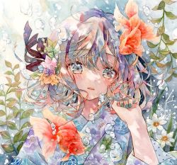 Rule 34 | 1girl, bubble, fish, flower, flower on head, goldfish, highres, japanese clothes, kimono, solo, traditional media, underwater, yukoring