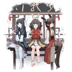 Rule 34 | 3girls, ahoge, animal ear fluff, animal ears, barefoot, black gloves, black hair, black skirt, brown eyes, brown hair, brown thighhighs, closed eyes, closed mouth, commentary, ears down, facing viewer, floppy ears, gloves, hair bun, highres, japanese clothes, kimono, long hair, long sleeves, looking at viewer, multiple girls, no shoes, obi, original, pantyhose, puffy long sleeves, puffy sleeves, rabbit ears, red vest, sash, shirt, skirt, soles, symbol-only commentary, thighhighs, very long hair, vest, white kimono, white pantyhose, white ph, white shirt