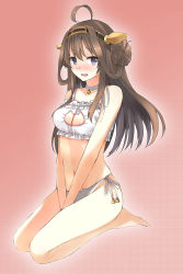 Rule 34 | 1girl, :d, ahoge, bare arms, bare legs, bare shoulders, barefoot, bell, between legs, black neckwear, blush, bra, breasts, brown hair, cat cutout, cat ear panties, cat lingerie, choker, cleavage, cleavage cutout, clothing cutout, collarbone, frilled bra, frills, full body, hair bun, hand between legs, headgear, highres, jingle bell, kantai collection, kongou (kancolle), long hair, looking at viewer, meme attire, myuto (advent retribution), navel, neck bell, nose blush, open mouth, own hands together, panties, purple eyes, seiza, side-tie panties, single hair bun, sitting, smile, solo, stomach, underwear, underwear only, v arms, white bra, white panties