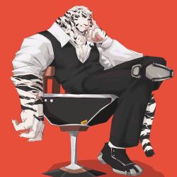 Rule 34 | 1boy, absurdres, animal ears, arknights, bara, black footwear, black pants, black vest, claws, commentary, crossed legs, dodongchives, english commentary, furry, furry male, head on hand, highres, looking at viewer, male focus, mountain (arknights), multiple scars, orange background, pants, pawpads, pectoral cleavage, pectorals, scar, scar across eye, scar on arm, scar on face, shirt, sitting, sleeve rolled up, swivel chair, tail, tiger boy, tiger ears, tiger stripes, tiger tail, vest, white shirt