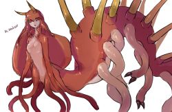 Rule 34 | 1girl, black sclera, colored sclera, colored skin, highres, horns, looking at viewer, monster girl, original, parted lips, red eyes, red skin, ruteko (ruko220), simple background, slug girl, solo, taur, tentacles, white background