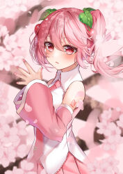 Rule 34 | 1girl, :o, absurdres, arm tattoo, bare shoulders, cherry, cherry blossoms, cherry hair ornament, detached sleeves, food, food-themed hair ornament, fruit, hair ornament, hands up, hatsune miku, highres, looking at viewer, necktie, number tattoo, pink eyes, pink hair, pink nails, pink necktie, pink skirt, pink sleeves, pink theme, ryaru ryaru, sakura miku, shirt, shoulder tattoo, skirt, sleeveless, solo, tattoo, tree, twintails, vocaloid