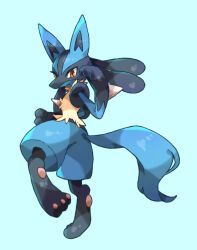 Rule 34 | 1other, animal ears, animal feet, animal hands, black fur, blue background, blue fur, blue theme, body fur, closed mouth, creatures (company), feet, fighting stance, furry, game freak, gen 4 pokemon, hand up, highres, leg up, looking at viewer, lucario, multicolored fur, nintendo, other focus, pawpads, pokemon, pokemon (creature), red eyes, sideways mouth, simple background, snout, solo, spikes, standing, standing on one leg, tail, thick thighs, thighs, towa (clonea), wolf ears, wolf tail, yellow fur