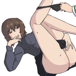 Rule 34 | 1girl, 1other, :o, black panties, black skirt, brown eyes, brown hair, clothes pull, commentary, dress shirt, english commentary, finger to mouth, girls und panzer, grey shirt, half-closed eyes, highres, huaronanago, incest, knees up, kuromorimine school uniform, leg up, long sleeves, looking at viewer, lying, miniskirt, nishizumi maho, on back, open mouth, out of frame, panties, panty pull, pleated skirt, pulling own clothes, pulling another&#039;s clothes, school uniform, shirt, siblings, simple background, sisters, skirt, skirt pull, sweat, underwear, white background, yuri