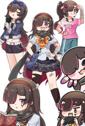 1girl :d bandaged_arm bandages belt belt_buckle black_sailor_collar black_shorts black_skirt black_thighhighs blue_bow blue_hairband blue_jacket blue_shorts book bow breasts brown_hair brown_hairband buckle character_request chibi cleavage commentary crop_top gradient_hair hair_over_one_eye hairband hand_on_own_hip hands_on_own_hips headband highres holding holding_microphone jacket kneehighs long_hair microphone midriff multicolored_hair multiple_views navel open_book open_clothes open_jacket open_mouth pink_hair pink_shirt pleated_skirt ponytail project_livium purple_eyes purple_hair rutorifuki sailor_collar shirt short_sleeves shorts simple_background single_kneehigh single_sock single_thighhigh skirt small_breasts smile socks streaked_hair thighhighs very_long_hair virtual_youtuber white_background white_belt white_shirt