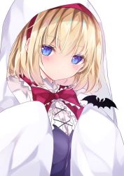 Rule 34 | 1girl, alice margatroid, alternate costume, bat (animal), blonde hair, blue eyes, bow, bowtie, buttons, closed mouth, cross-laced clothes, ghost costume, hairband, looking at viewer, nanase nao, red bow, red bowtie, red hairband, short hair, simple background, solo, touhou, upper body, white background