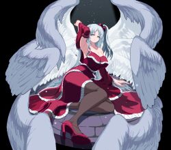 Rule 34 | 1girl, alternate wings, angel wings, arm up, armpits, breasts, brick floor, cleavage, detached sleeves, dress, expressionless, grey hair, hair bobbles, hair ornament, high heels, highres, large breasts, lying, multiple wings, mystic square, nukekip, on side, one side up, pantyhose, pixel art, red dress, red footwear, seraph, shinki (touhou), side ponytail, solo, touhou, touhou (pc-98), white eyes, wings