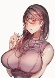 Rule 34 | 1girl, amane ruri, arm at side, bare arms, bare shoulders, commentary request, earrings, eyebrows hidden by hair, eyelashes, fingernails, hand up, highres, impossible clothes, impossible sweater, jewelry, long fingernails, looking at viewer, nail polish, narrow waist, original, parted lips, pink nails, ribbed sweater, simple background, sleeveless, sleeveless sweater, solo, sweater, turtleneck, turtleneck sweater, upper body, white background