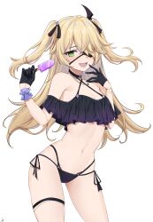 Rule 34 | 1girl, :d, absurdres, bikini, black choker, black gloves, blonde hair, breasts, choker, cleavage, contrapposto, cowboy shot, eyepatch, feint721, fischl (genshin impact), floating hair, food, frilled bikini, frills, genshin impact, gloves, green eyes, hair over one eye, hair ribbon, hands up, highres, holding, holding food, long hair, looking at viewer, multi-strapped bikini, navel, off-shoulder bikini, off shoulder, open mouth, popsicle, ribbon, scrunchie, side-tie bikini bottom, small breasts, smile, solo, stomach, swimsuit, thigh strap, thighs, transparent background, two side up, wrist scrunchie