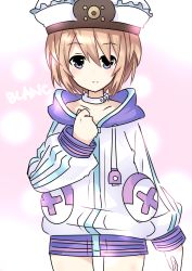 Rule 34 | 1girl, absurdres, bad id, bad pixiv id, blanc (neptunia), blue eyes, brown hair, choker, cosplay, flat chest, gradient background, hat, highres, jacket, kisaragi (kisaragi0930), neptune (neptunia), neptune (neptunia) (cosplay), neptune (series), parka, simple background, solo