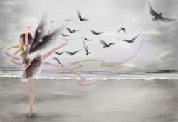 Rule 34 | 1girl, a luo, arms up, ballet, barefoot, beach, bird, cloud, crow, dancing, day, expressionless, female focus, highres, looking away, looking up, ocean, ribbon, sand, shameimaru aya, solo, standing, standing on one leg, tiptoes, touhou, wings, xyj