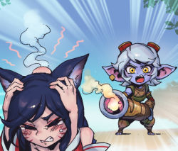 Rule 34 | 2girls, ahri (league of legends), annoyed, blush, brown vest, closed eyes, colored skin, emphasis lines, facial mark, fang, full body, goggles, goggles on head, grey skin, holding, holding weapon, injury, league of legends, multiple girls, open mouth, phantom ix row, pointy ears, rocket launcher, scared, standing, tearing up, tristana, vest, weapon, whisker markings, yellow eyes, yordle