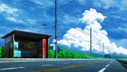 Rule 34 | bench, blue sky, bus stop, cloud, commentary request, highres, lamppost, mountain, no humans, original, osho (pixiv2179), outdoors, power lines, road, road sign, scenery, sign, sky, utility pole, vending machine