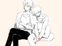 Rule 34 | 2boys, barefoot, blush, closed eyes, command spell, crossed arms, cushion, diadem, earrings, fate/grand order, fate (series), fujimaru ritsuka (male), gem, gilgamesh, gilgamesh (caster) (fate), gilgamesh (fate), greyscale, head on another&#039;s shoulder, jacket, jacket on shoulders, jewelry, male focus, monochrome, multiple boys, hugging object, pajamas, pants, parted lips, pink background, shirt, simple background, sitting, sleeping, spot color, tenobe