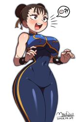 Rule 34 | !?, 1girl, :d, absurdres, bare shoulders, blush, bodysuit, bracelet, breasts, brown eyes, brown hair, capcom, chun-li, covered navel, cowboy shot, double bun, drooling, food, hair bun, hair ribbon, heart, heart-shaped pupils, highres, jewelry, large breasts, maydaykiki, open mouth, ribbon, simple background, smile, solo, speech bubble, spiked bracelet, spikes, street fighter, symbol-shaped pupils, teeth, upper teeth only, white background, wide hips