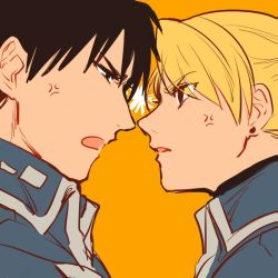Rule 34 | 1boy, 1girl, annoyed, black eyes, black hair, blonde hair, brown eyes, earrings, fighting, frown, fullmetal alchemist, jewelry, makaron611, military, military uniform, noses touching, open mouth, orange background, riza hawkeye, roy mustang, simple background, uniform