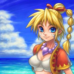 Rule 34 | 1girl, bandages, blonde hair, blue eyes, breasts, chrono cross, closed mouth, facial mark, high ponytail, jewelry, kid (chrono cross), long hair, looking at viewer, midriff, multi-tied hair, necklace, ponytail, smile, solo, vest, zohar0330