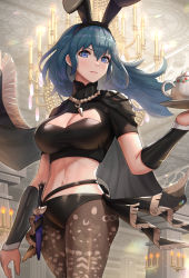 Rule 34 | 1girl, backlighting, bikini, bikini bottom only, black bikini, black cape, blue eyes, blue hair, breasts, brown pantyhose, byleth (female) (fire emblem), byleth (fire emblem), candle, cape, chandelier, cleavage, closed mouth, commentary request, cowboy shot, crop top, cup, dagger, expressionless, fire emblem, fire emblem: three houses, floating hair, gonzarez, hair between eyes, highres, holding, holding cup, indoors, knife, lace, lace-trimmed legwear, lace trim, large breasts, long hair, looking at viewer, navel, nintendo, pantyhose, pink lips, print pantyhose, sheath, sheathed, short sleeves, solo, stomach, swimsuit, teapot, thighs, vambraces, weapon