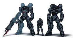 Rule 34 | armor, bad id, bad pixiv id, blue eyes, character sheet, clenched hands, commentary, commission, english commentary, highres, looking down, mecha, military, multiple views, original, pinguinkotak, power armor, red eyes, robot, science fiction, standing, white background