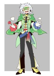 Rule 34 | 1boy, :d, black necktie, blush, cape, capelet, creatures (company), domino mask, frills, full body, game freak, gen 4 pokemon, green cape, green eyes, grey background, looking at viewer, male focus, mask, necktie, nintendo, open mouth, personification, pokemon, roserade, sash, simple background, smile, yasubaru