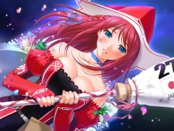 Rule 34 | 1girl, amanogawa subaru, bare shoulders, blue eyes, blush, breasts, broom, choker, cleavage, dutch angle, elbow gloves, fingerless gloves, game cg, gloves, gradient background, hat, majodou, night, red hair, sano toshihide, solo, star (symbol), witch, witch hat