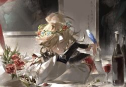 Rule 34 | 2boys, alcohol, alhaitham (genshin impact), blonde hair, blue feathers, brown hair, closed eyes, cup, drinking glass, feathers, flower, genshin impact, hair over one eye, happy birthday, highres, holding, holding quill, kaveh (genshin impact), male focus, medium hair, multicolored hair, multiple boys, petals, picture frame, quill, red flower, red rose, red wine, rose, smile, teeth, translation request, white flower, wildwolf group, wine, wine glass