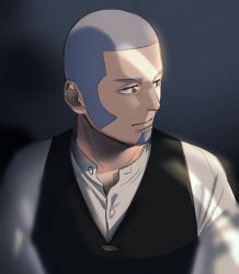 Rule 34 | 1boy, black vest, blurry foreground, brown eyes, buzz cut, facial hair, foxvulpine, goatee, golden kamuy, grey hair, long sideburns, looking to the side, male focus, shiraishi yoshitake, shirt, short hair, sideburns, simple background, solo, sunlight, upper body, very short hair, vest, white shirt