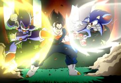 Rule 34 | 3boys, animal ears, animal nose, armor, battle, black hair, black sclera, blocking, blue armor, blue fur, blue sash, body fur, character request, colored sclera, copyright request, dougi, dragon ball, dragon ball heroes, dragon ball super, dragonball z, earrings, fighting, flying kick, furry, furry male, gloves, hedgehog, hedgehog ears, hedgehog tail, high kick, highres, humanoid robot, jewelry, kicking, male focus, metallix (smbz), metamoran vest, multicolored fur, multiple boys, muscular, muscular male, nazo unleashed, pectorals, pointy nose, potara earrings, red eyes, red footwear, red fur, robot, sash, shadic the hedgehog, smile, sonic (series), spiked hair, super mario bros. z, two-tone fur, vegetto, white gloves, yennk999