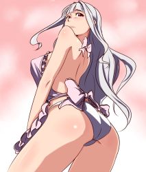 Rule 34 | 1girl, apron, ass, bad id, bad pixiv id, bare shoulders, blush, breasts, clearite, from below, idolmaster, idolmaster (classic), large breasts, long hair, looking back, naked apron, no bra, panties, shijou takane, sideboob, silver hair, solo, thighs, underwear, white panties