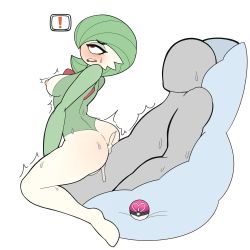 Rule 34 | !, 1boy, 1girl, absurdres, ahegao, ass, blush, breasts, cum, ejaculation, faceless, faceless male, full body, gardevoir, gen 3 pokemon, girl on top, green hair, half-closed eyes, hetero, highres, large breasts, looking up, lying, m0n1e, monster, monster girl, nipples, nude, on back, open mouth, pillow, poke ball, pokemon, pokemon (creature), pokemon rse, red eyes, sex, short hair, simple background, sitting, sweat, teeth, trembling, white background