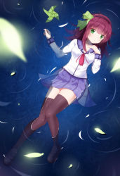 Rule 34 | 1girl, absurdres, angel beats!, black footwear, black hairband, black thighhighs, blue sailor collar, blue skirt, blunt bangs, blurry, blurry foreground, bow, closed mouth, collarbone, collared shirt, from above, full body, green bow, green eyes, hair bow, hairband, highres, holding, loafers, long hair, long sleeves, lying, lying on water, miniskirt, neckerchief, on back, pleated skirt, purple hair, red neckerchief, sailor collar, sailor shirt, school uniform, serafuku, shinda sekai sensen uniform, shiny clothes, shiny legwear, shirt, shoes, skirt, solo, sss (artist), thighhighs, water surface, wet, wet clothes, wet shirt, white shirt, nakamura yuri, zettai ryouiki