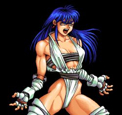 Rule 34 | 1girl, abs, bare shoulders, black background, blue hair, brandish (video game), brandish 3, cowboy shot, earrings, elbow pads, falcom, fighting stance, jewelry, knee pads, leotard, long hair, looking at viewer, muscular, muscular female, narrow waist, pixel art, screaming, simple background, solo, standing, studded gloves, thick thighs, thighs, umber (brandish 3), yellow eyes