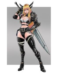 Rule 34 | 1girl, animification, blonde hair, boots, breasts, buckle, cleavage cutout, clothing cutout, crop top, full body, green eyes, highleg shorts, highres, huge weapon, illyana rasputina, long hair, magik (x-men), marvel, medium breasts, midriff, simple background, solo, standing, sword, thigh boots, to-ru, vambraces, weapon