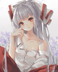 Rule 34 | 1girl, bad id, bad pixiv id, bare shoulders, blush, bow, breasts, cleavage, collarbone, commentary request, flower, fujiwara no mokou, grey background, hair bow, head tilt, highres, indian style, long hair, looking at viewer, off shoulder, pants, parted lips, purple flower, red eyes, red pants, shiromoru (yozakura rety), short sleeves, sidelocks, silver hair, sitting, small breasts, solo, touhou, white bow