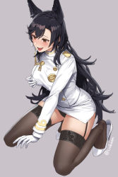 Rule 34 | 1girl, aiguillette, animal ears, arm support, artist name, atago (azur lane), azur lane, black hair, black panties, black thighhighs, blush, breasts, brown eyes, commentary request, cuboon, extra ears, full body, garter straps, gloves, grey background, hand on own chest, high heels, kneeling, lips, long hair, long sleeves, medium breasts, military, military uniform, miniskirt, mole, mole under eye, open mouth, panties, signature, simple background, skirt, smile, solo, thighhighs, underwear, uniform, white footwear, white gloves, white skirt