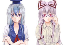 Rule 34 | 2girls, bad id, bad pixiv id, bespectacled, blue eyes, blue hair, bow, breasts, cleavage, collarbone, crossed arms, female focus, fujiwara no mokou, glasses, hair bow, hat, kamishirasawa keine, long hair, long sleeves, medium breasts, multicolored hair, multiple girls, open mouth, red eyes, short sleeves, silver hair, simple background, smile, touhou, two-tone hair, upper body, white background, yuta (ricochetsmain)