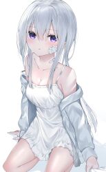 Rule 34 | 1girl, breasts, cleavage, collarbone, commentary request, dress, grey hair, grey jacket, hair between eyes, highres, jacket, long hair, long sleeves, looking at viewer, medium breasts, neku (neku draw), off shoulder, open clothes, open jacket, original, parted lips, purple eyes, seiza, simple background, sitting, sleeveless, sleeveless dress, solo, strap slip, very long hair, white background, white dress