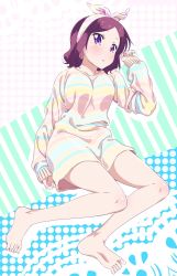 Rule 34 | 1girl, barefoot, blush, brown hair, full body, highres, looking at viewer, lying, makicha (sasurainopink), multicolored clothes, multicolored sweater, new game!, on back, parted lips, purple eyes, shiny skin, short hair, solo, striped clothes, striped sweater, sweater, tooyama rin, towel