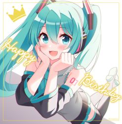 Rule 34 | 1girl, :d, aqua eyes, aqua hair, aqua necktie, bare shoulders, black footwear, blush, boots, collared shirt, commentary request, crown, detached sleeves, dutch angle, feet up, grey shirt, hands on own cheeks, hands on own face, happy birthday, hatsune miku, highres, long hair, long sleeves, looking at viewer, lying, miniskirt, necktie, number tattoo, on stomach, open mouth, pleated skirt, shirt, shoulder tattoo, skirt, smile, snowmi, solo, tattoo, thigh boots, thighhighs, twintails, twitter username, very long hair, vocaloid, zettai ryouiki