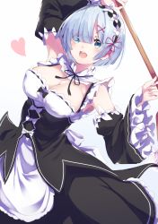 Rule 34 | 1girl, :d, apron, arm up, armpits, black dress, black ribbon, blue eyes, blue hair, blush, bow, breasts, cleavage, commentary request, cowboy shot, detached sleeves, dress, frilled sleeves, frills, hair ornament, hair over one eye, hair ribbon, heart, highres, holding, large breasts, leaning to the side, long sleeves, looking at viewer, maid, maid headdress, open mouth, pink ribbon, re:zero kara hajimeru isekai seikatsu, rem (re:zero), ribbon, ribbon trim, roswaal mansion maid uniform, short hair, simple background, smile, solo, suwakana, waist apron, weapon, white apron, white background, white bow, wide sleeves, x hair ornament