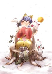 Rule 34 | 1girl, blue hair, blush, bodysuit, boots, bow, commentary, crossed ankles, crossed legs, eiko carol, final fantasy, final fantasy ix, full body, green eyes, hair bow, holding, horns, komugiko no mori, long scarf, long sleeves, looking at another, mog, moogle, one eye closed, outdoors, pink bodysuit, puffy long sleeves, puffy sleeves, red shirt, scarf, shirt, short hair, simple background, single horn, sitting, sitting on tree stump, smile, snow, solo, steam, symbol-only commentary, tree stump, twitter username, white background, white scarf, winter, yellow bow, yellow overalls