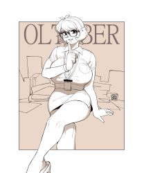 Rule 34 | 1girl, artist name, breasts, collared shirt, crossed legs, dated, finger to mouth, glasses, highres, id card, large breasts, looking at viewer, original, parted lips, pencil skirt, shirt, short hair, shushing, skirt, smile, snowcie, snowciel, solo
