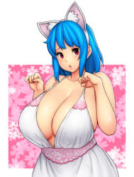 Rule 34 | 1girl, animal ear fluff, animal ears, bare shoulders, blue hair, border, breasts, cat ears, chestnut mouth, cleavage, collarbone, commentary, cowboy shot, dress, english commentary, erkaz, fake animal ears, floral background, halter dress, halterneck, hands up, highres, huge breasts, looking at viewer, medium hair, multicolored clothes, multicolored dress, nail polish, open mouth, original, outside border, pink dress, pink lips, pink nails, red eyes, rina atherina, sidelocks, solo, standing, veins, veiny breasts, w arms, white border, white dress