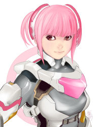 Rule 34 | 1girl, armor, bad id, bad pixiv id, breasts, brown eyes, kusagami style, large breasts, lips, original, pink hair, power armor, power suit, signature, simple background, smile, solo, upper body, white background