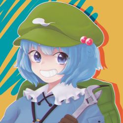 Rule 34 | 1girl, :d, blue eyes, blue hair, brown gloves, collared shirt, dress, dress shirt, frilled shirt collar, frills, gloves, grin, hair bobbles, hair ornament, hat, kawashiro nitori, looking at viewer, matching hair/eyes, open mouth, raichi-ringo, shirt, short hair, short twintails, smile, solo, touhou, twintails, two side up, upper body, white shirt, wrench