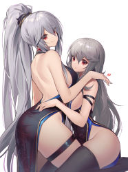 Rule 34 | 2girls, absurdres, alternate costume, alternate hairstyle, arknights, ass, bare back, bare shoulders, black dress, black legwear, breasts, commentary request, dress, groin, heart, highres, jiusan naitang, large breasts, looking at viewer, multiple girls, nail polish, ponytail, skadi (arknights), specter (arknights), thick thighs, thigh strap, thighhighs, thighs