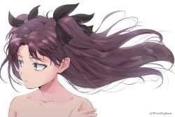 Rule 34 | 1girl, aqua eyes, black bow, bow, brown hair, collarbone, fate/grand order, fate (series), hair bow, highres, looking to the side, no bra, solo, tohsaka rin, topless, topless frame, twitter username, two side up, upper body, white background, wind, wind lift, wowelephant