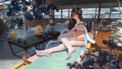Rule 34 | 1girl, azur lane, blue dress, blue flower, blurry, blurry foreground, brown hair, c.mi, chinese commentary, closed mouth, commentary request, dress, feet, flower, full body, garter straps, hair bun, hair flower, hair ornament, hair stick, hand on own thigh, highres, horns, indoors, long hair, looking at viewer, lying, manjuu (azur lane), no shoes, noshiro (azur lane), noshiro (fragrance of the eastern snow) (azur lane), official alternate costume, on side, oni horns, panties, print dress, red eyes, shawl, signature, single hair bun, snowflake print, solo, steam, table, tea set, tray, underwear, very long hair, white panties