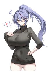 Rule 34 | ?, akafuyu (arknights), arknights, black sweater, breasts, brown eyes, commentary request, cropped legs, hand on own chest, hand on own hip, highres, horn/wood, huge breasts, long hair, long sleeves, looking at viewer, mole, mole under mouth, ponytail, purple hair, ribbed sweater, smile, spoken question mark, standing, sweater, thighs, very long hair